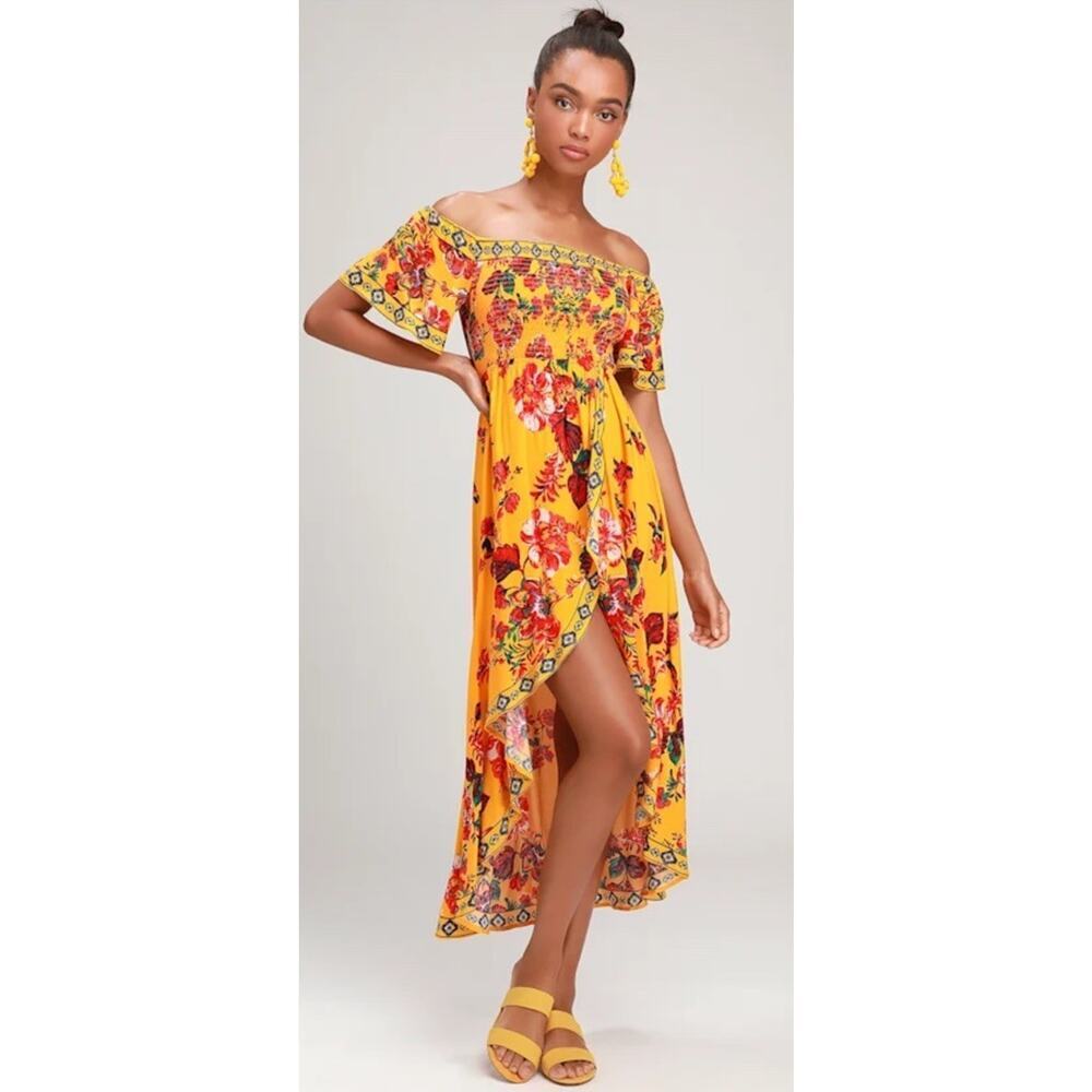 Lulus Cute Yellow Floral Print High Low Summer Party Festive Dress Size Medium